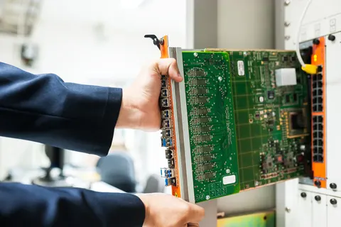 Network engineer repairing a core network switch
